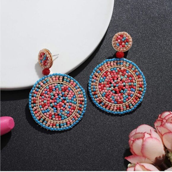 Multicolored Beaded Double Round Disc Boho Drop Statement Post Back Earrings - Picture 3 of 7